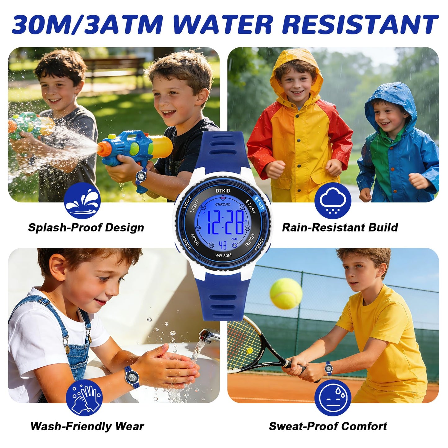 DTKID Digital Kids Watch 30 M Waterproof, 7 Color Lights Time Teaching Watch Easy to Read for Girls Boys 5-16