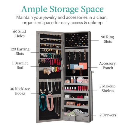 Best Choice Products Freestanding Jewelry Armoire Cabinet, Full Length Standing Mirror, Lockable Makeup Storage Organizer, w/Velvet Lining, 3 Angles, Lock, Accessory Pouch, 5 Shelves - White