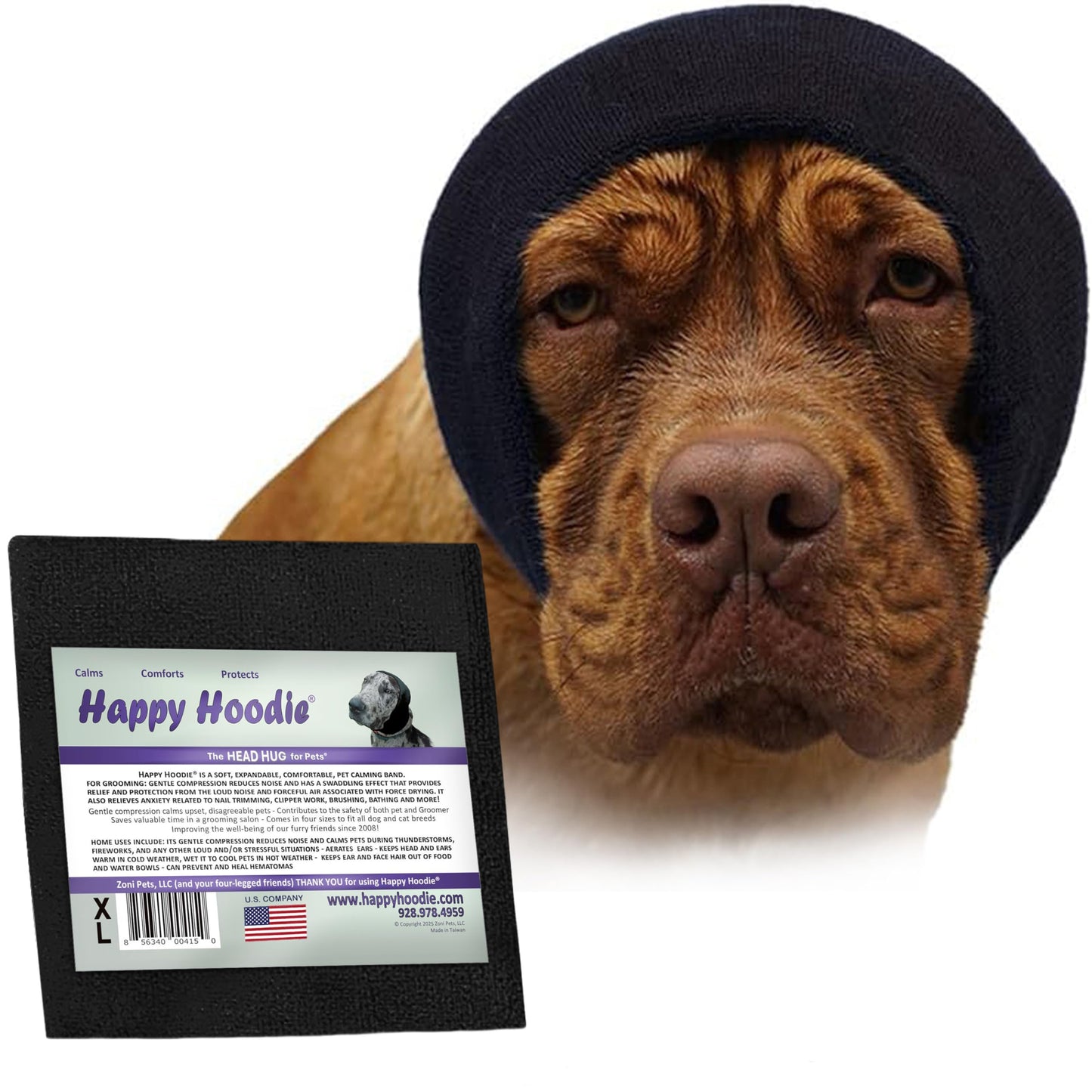 Happy Hoodie The Original Dog & Cat Calming Band - American Brand - Anxiety Relief/Noise Protection - Grooming - Thunder - Fireworks (Large, Black) - Since 2008
