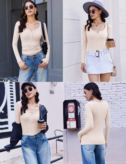 Ekouaer Women's Long Sleeve Henley T Shirts 3 Packs Fall Button Slim Fit Tops Basic Base Layer Soft Thermal Undershirts
