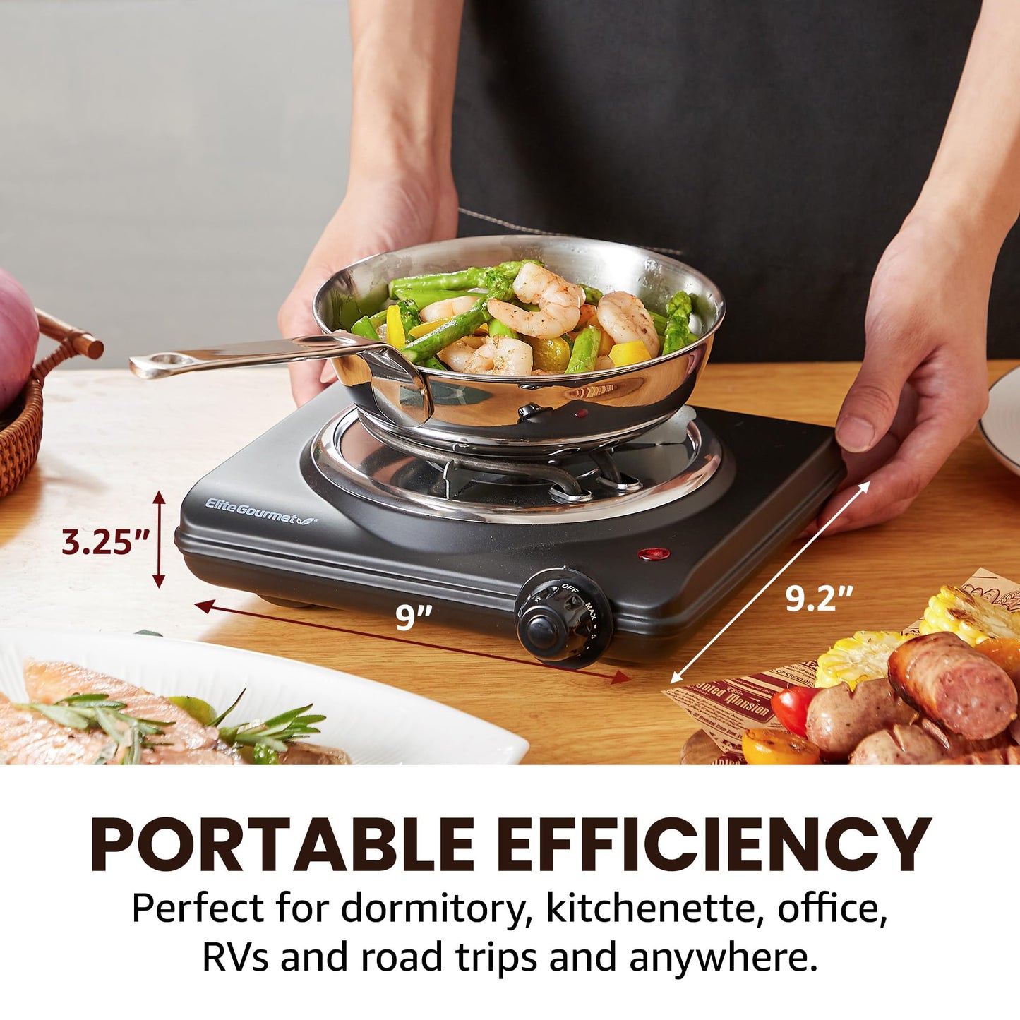 Elite Gourmet EDB-302BF# Countertop Double Cast Iron Burner, 1500 Watts Electric Hot Plate, Temperature Controls, Power Indicator Lights, Easy to Clean, Black