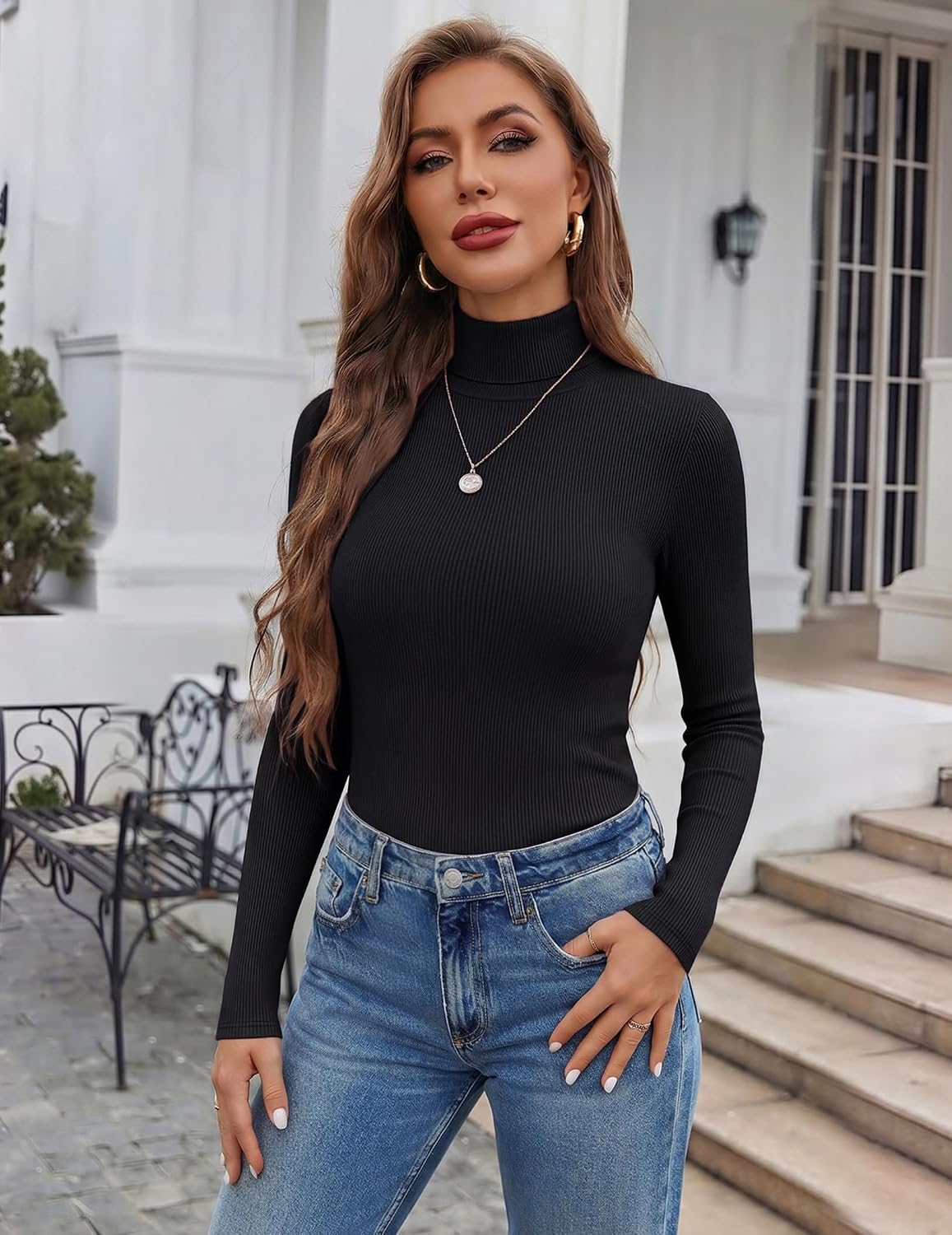 Ekouaer Womens Turtleneck Long Sleeve Shirts Ribbed Casual Basic Tops Fitted Underwear Thermal Undershirts Winter Clothes
