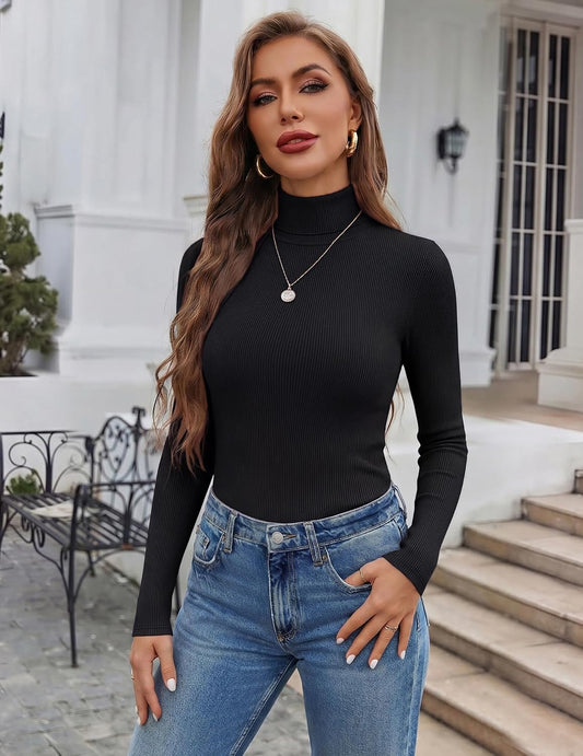 Ekouaer Womens Turtleneck Long Sleeve Shirts Ribbed Casual Basic Tops Fitted Underwear Thermal Undershirts Winter Clothes