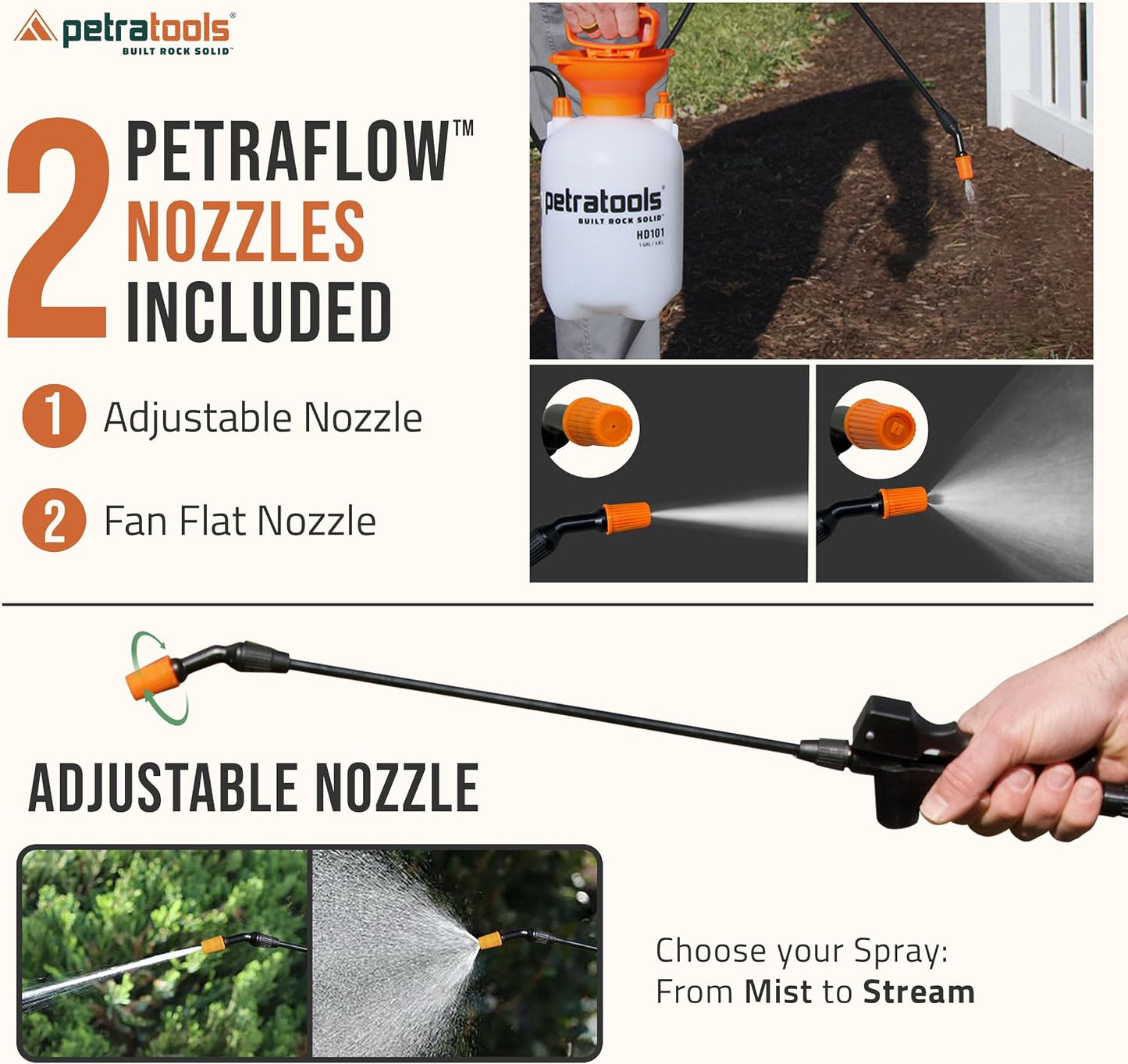Petratools 1 Gallon Pump Sprayer – HD101 Garden Sprayer for Weeds, Lawn Care & Pesticides – 52” Long Hose, 2 Nozzles & Easy Carry Handle – Durable & Lightweight