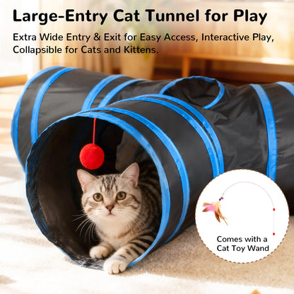 Tempcore Pet Cat Tunnel Tube Toys 3 Way Collapsible, Tunnels for Indoor Cats, Interactive Tube with Teaser Wand, Peek Holes & Hanging Ball, Black & Blue