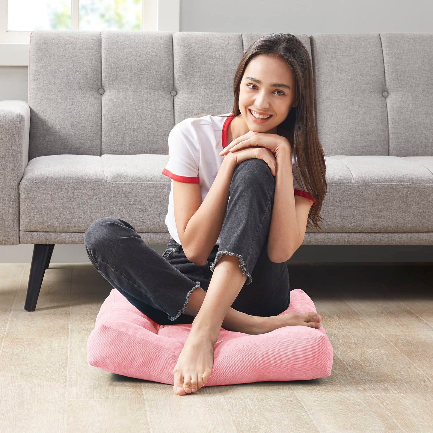 Meditation Floor Pillow Set of 2, Round Large Pillows Seating for Adults, Tufted Corduroy Cushion for Living Room Tatami, Beige 22 Inch