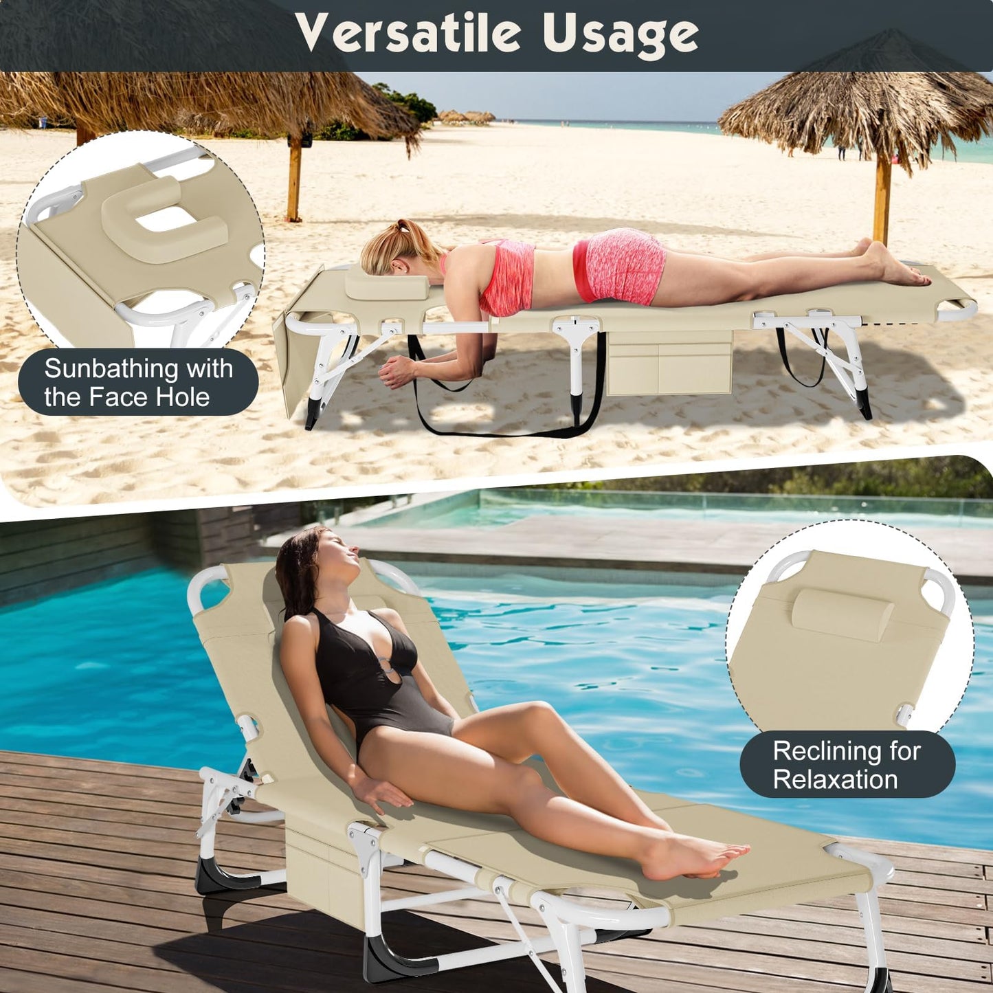 MOPHOTO Folding Lounge Chair 5-Position, Folding Cot, Portable Outdoor Chaise Lounge Chair for Sun Tanning, Perfect for Pool Beach Patio Sunbathing