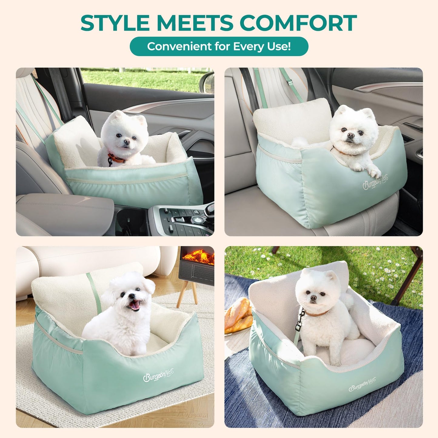 BurgeonNest Dog Car Seat for Small Dogs, Soft Pet Car Travel Home Bed Under 25 lbs, Fully Detachable and Washable Cat Booster Carseats with Storage Pockets and Clip-On Leash Portable Carrier,Black