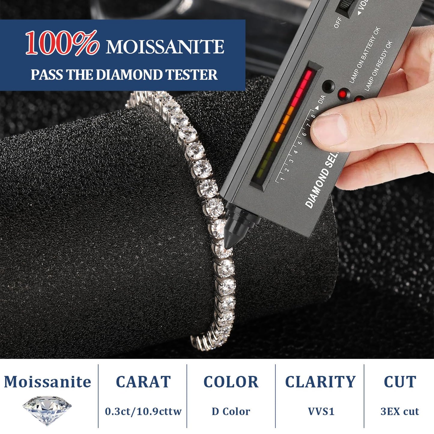 4MM Moissanite Tennis Bracelet for Women, 10.9 ct Adjustable Moissanite Bracelets, 925 Sterling Silver White/14k Gold Plated, Luxury Birthday or Anniversary Jewelry Gift for Her