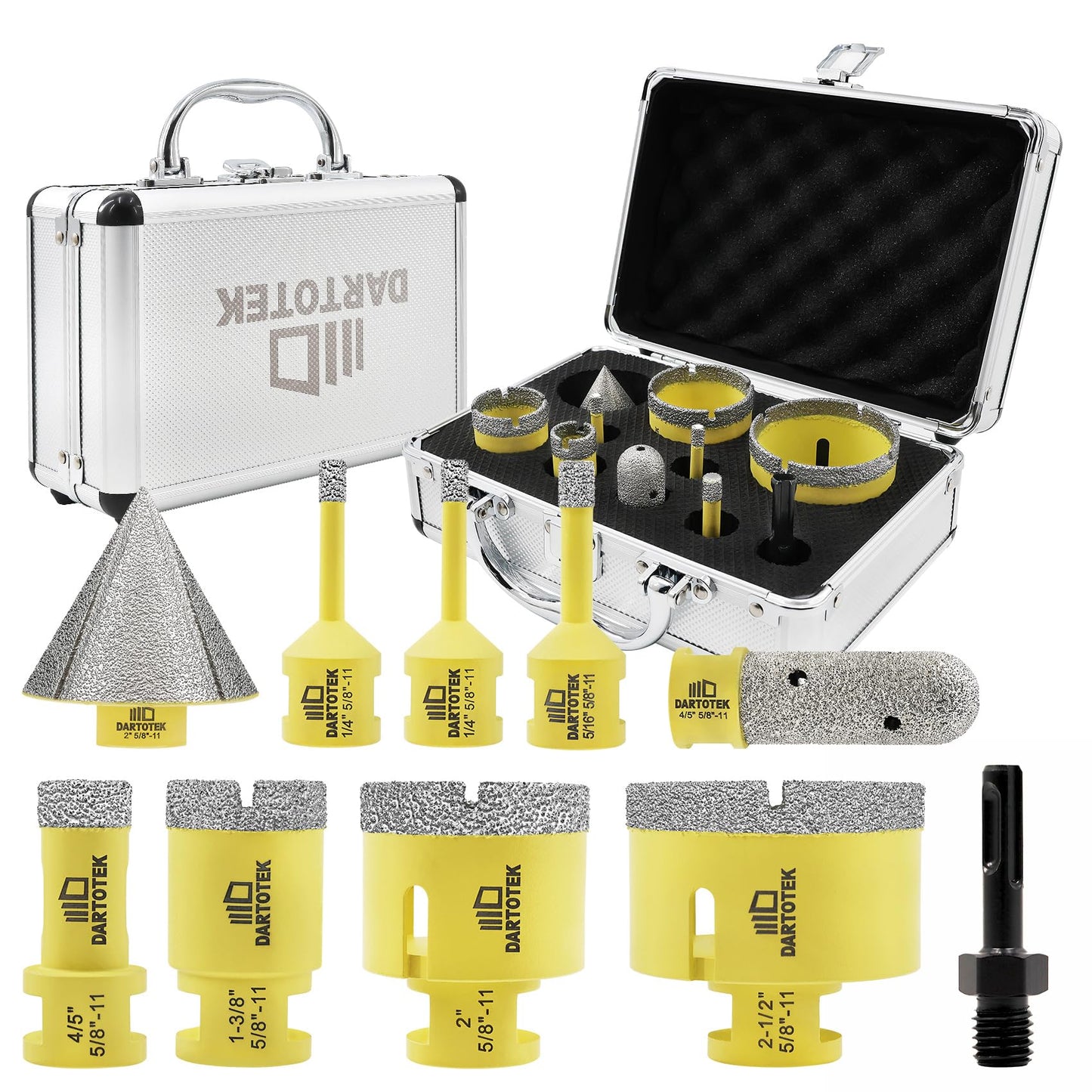 Diamond Core Drill Bits Set for Tile, DARTOTEK 10PCS Porcelain Hole Saw Kit with Aluminum Case, (6/6/8/20/35/50/65mm+2" Chamfer bit +SDS Adapter, Dry/Wet Drilling for Ceramic, Granite & Marble