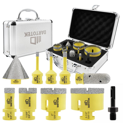 Diamond Core Drill Bits Set for Tile, DARTOTEK 10PCS Porcelain Hole Saw Kit with Aluminum Case, (6/6/8/20/35/50/65mm+2" Chamfer bit +SDS Adapter, Dry/Wet Drilling for Ceramic, Granite & Marble