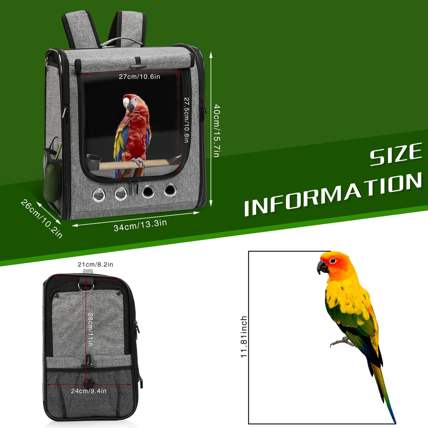 Bird Carrier Bag with Stand, Lightweight Backpack for Parrot, Portable Cockatiel Travel Cage with Accessories, Pet Transparent Breathable Carrier, Gray