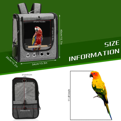 Bird Carrier Bag with Stand, Lightweight Backpack for Parrot, Portable Cockatiel Travel Cage with Accessories, Pet Transparent Breathable Carrier, Gray