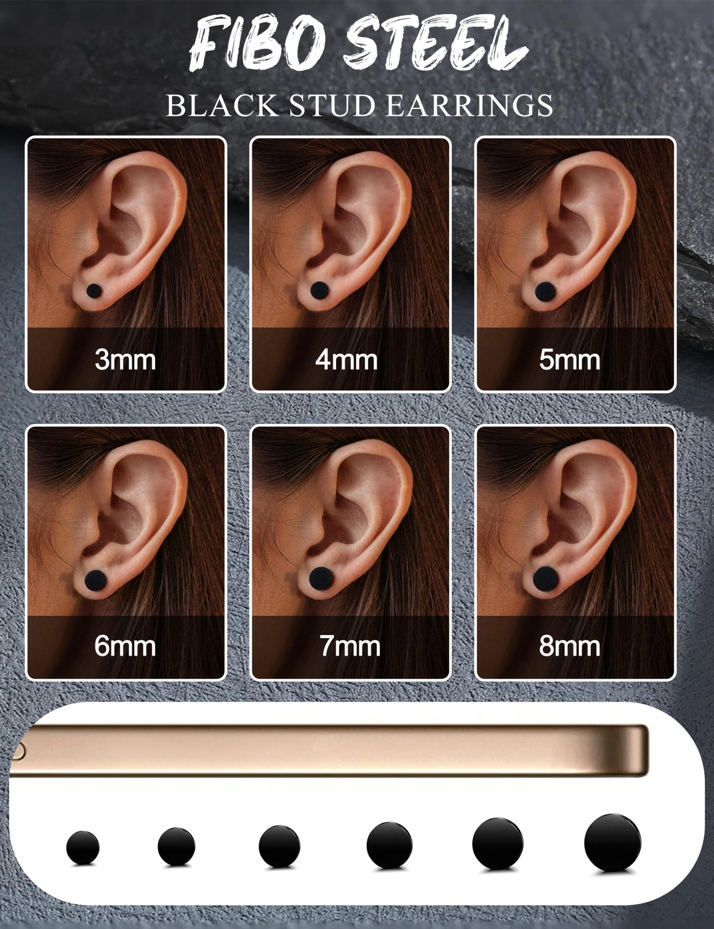 FIBO STEEL 6 Pairs Stainless Steel Black Stud Earrings for Men Women Faux Gauges Ear Tunnel Fake Gauge Earrings 3-8mm