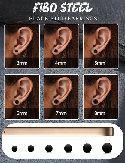 FIBO STEEL 6 Pairs Stainless Steel Black Stud Earrings for Men Women Faux Gauges Ear Tunnel Fake Gauge Earrings 3-8mm