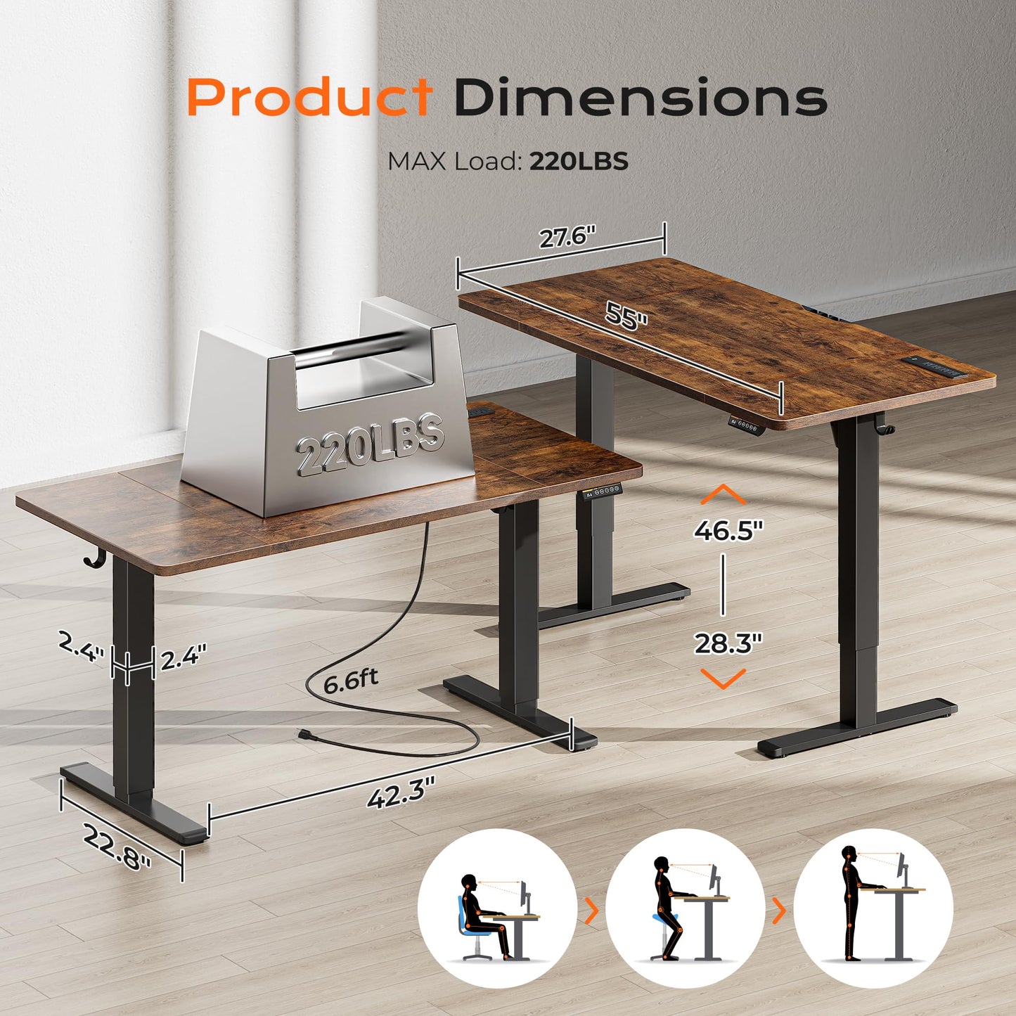 Huuger 55 x 28 Large Electric Standing Desk, Height Adjustable Computer Desk, 27.6" Deep Desktop, Stand up Gaming Office Table with 2 Hooks, 3 Preset Heights, for Home Office, Black