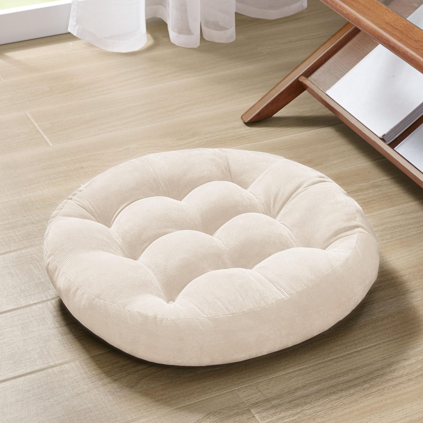 Meditation Floor Pillow Set of 2, Round Large Pillows Seating for Adults, Tufted Corduroy Cushion for Living Room Tatami, Beige 22 Inch