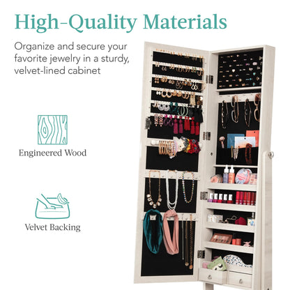 Best Choice Products Freestanding Jewelry Armoire Cabinet, Full Length Standing Mirror, Lockable Makeup Storage Organizer, w/Velvet Lining, 3 Angles, Lock, Accessory Pouch, 5 Shelves - White