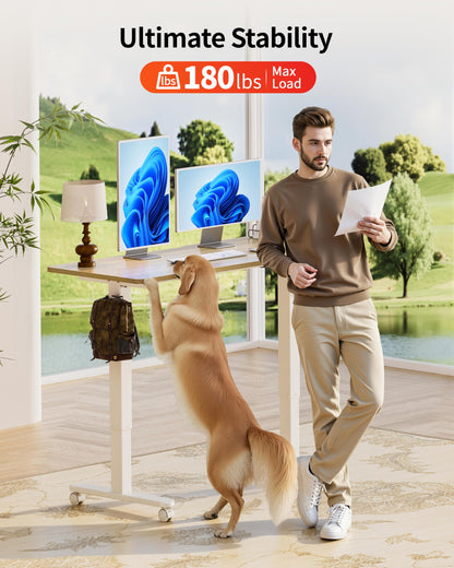 Okin Small Electric Standing Desk, 36" x 24" Whole Piece Height Adjustable Desk, Oak Sit to Stand Computer Workstation with Wheels for Home Office