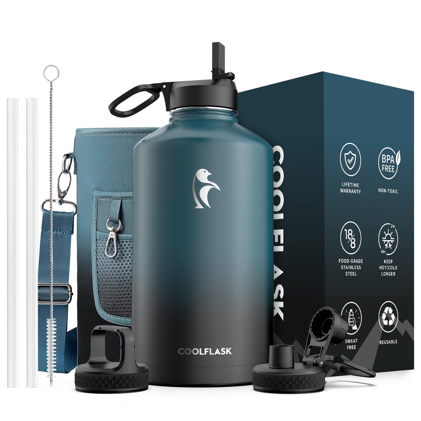 Half Gallon Water Bottle Insulated with Straw & 3 Lids, Coolflask 64 oz Water Jug Large Metal Stainless Steel Wide Mouth for Sports, Gym or Office, Non-BPA Keep Cold 48H Hot 24H, Samurai Cyan