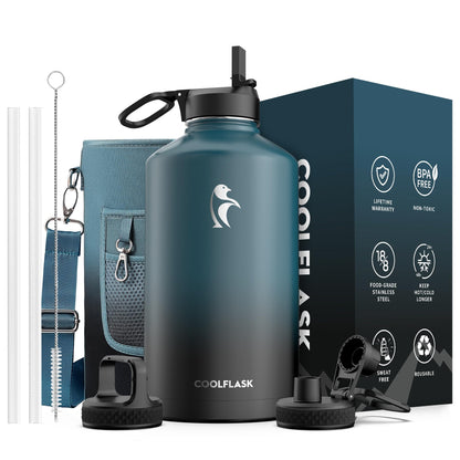Half Gallon Water Bottle Insulated with Straw & 3 Lids, Coolflask 64 oz Water Jug Large Metal Stainless Steel Wide Mouth for Sports, Gym or Office, Non-BPA Keep Cold 48H Hot 24H, Samurai Cyan