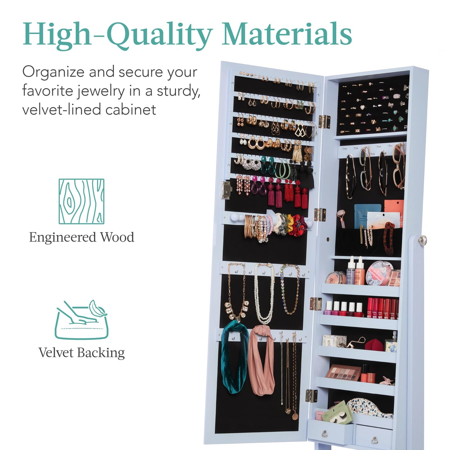 Best Choice Products Freestanding Jewelry Armoire Cabinet, Full Length Standing Mirror, Lockable Makeup Storage Organizer, w/Velvet Lining, 3 Angles, Lock, Accessory Pouch, 5 Shelves - White