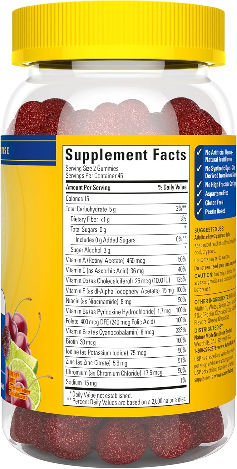 Nature Made Zero Sugar Multivitamin Men's Gummies, 90 Sugar Free Gummies | Men's Multivitamin Gummies for Muscle & Immune Support, Aspartame Free, Cherry Lime Flavor, 45 Day Supply
