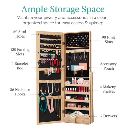 Best Choice Products Freestanding Jewelry Armoire Cabinet, Full Length Standing Mirror, Lockable Makeup Storage Organizer, w/Velvet Lining, 3 Angles, Lock, Accessory Pouch, 5 Shelves - White
