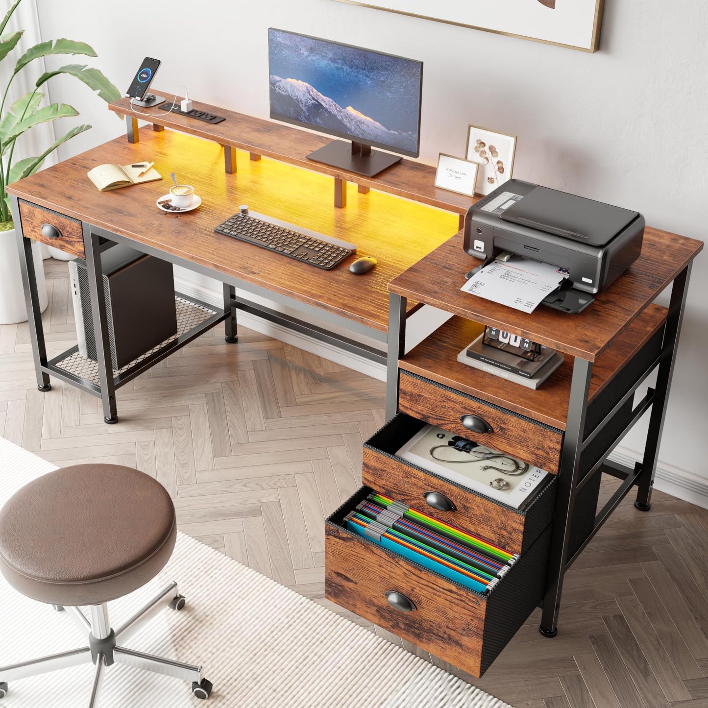 Furologee 60" Black Computer Desk with 4 Drawers and Printer Space, Gaming Desk with LED Lights and USB Power Outlets, Home Office Desk with Fabric File Cabinet,Study Work Table with Shelf for Bedroom