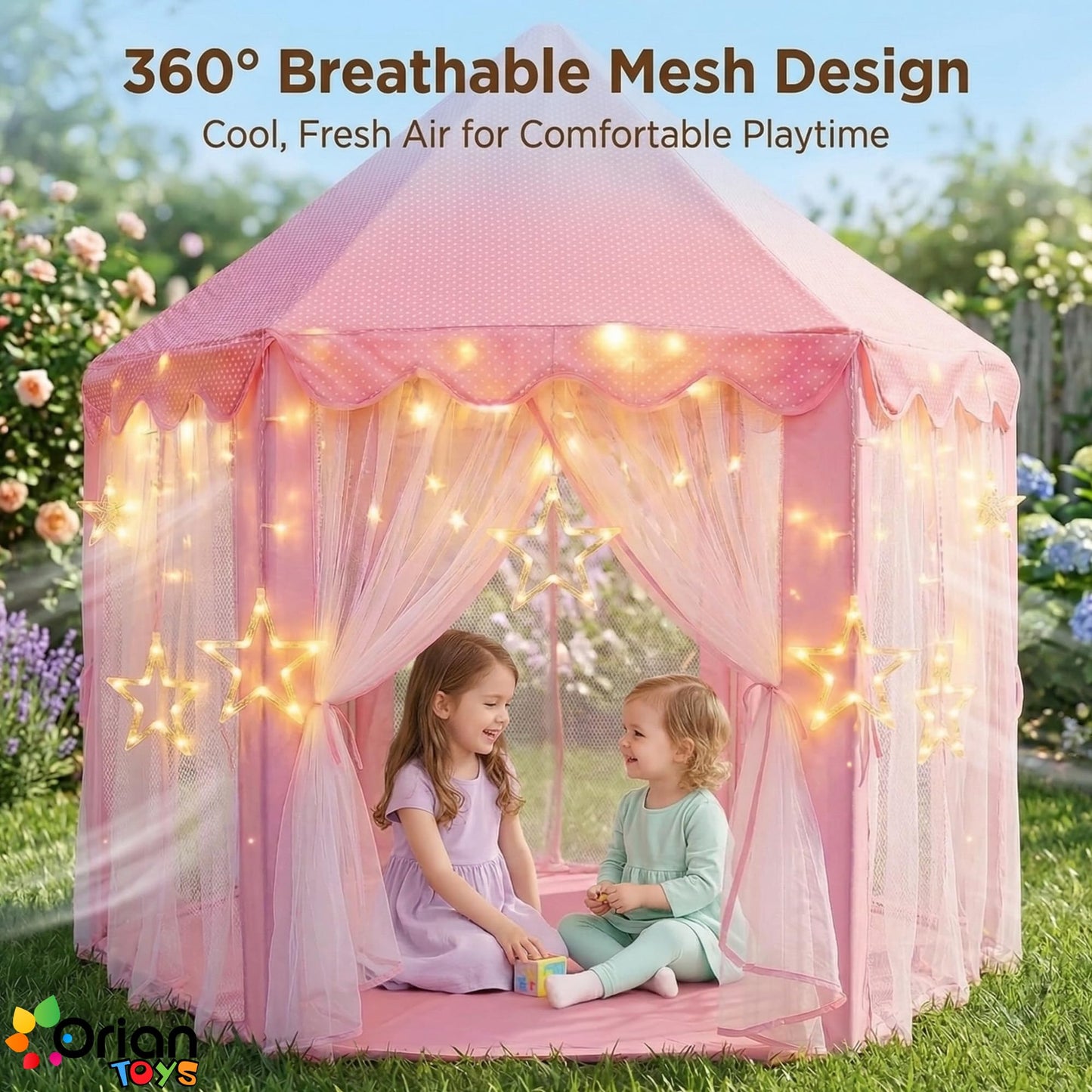 Orian Princess Tent for Kids, Toddler & Kids Pink Play Tent Indoor & Outdoor Princess Castle Fort for Girls and Toddlers Ages 2-7, 55”x53”, LED Star Lights, Children’s Toys and Gifts for Girls
