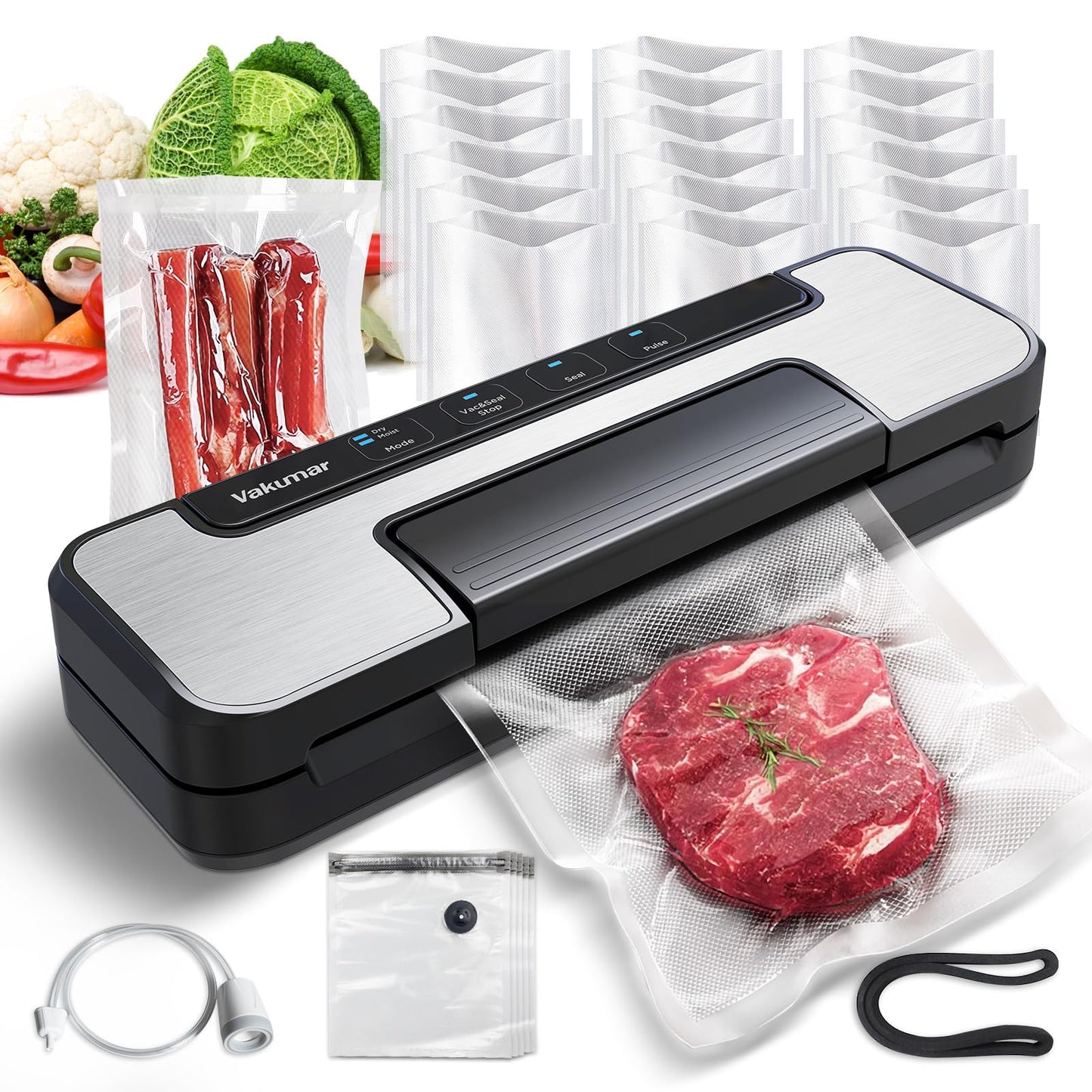 Vakumar Vacuum Sealer Machine, 90Kpa Liquid Food Vacuum Sealer Machine Preservation Dry/Moist/Liquid Modes, LED Indicator Light, Handle Locked Design, Built-in Cutter and Bag Storage, Starter Kit