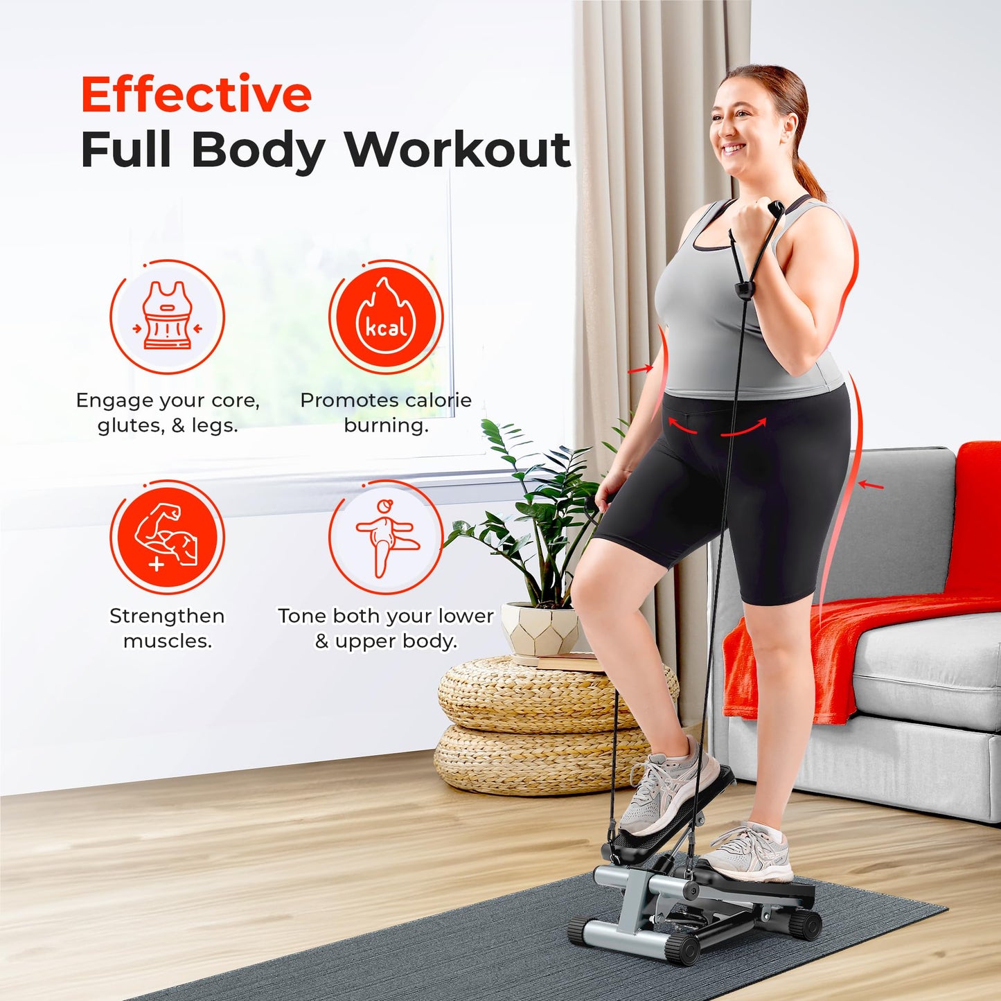 Sunny Health & Fitness Mini Steppers for Exercise at Home, Stair Step Workout Machine with Resistance Bands, Full Body Cardio Equipment, Optional Free SunnyFit App Connection Smart Stepper