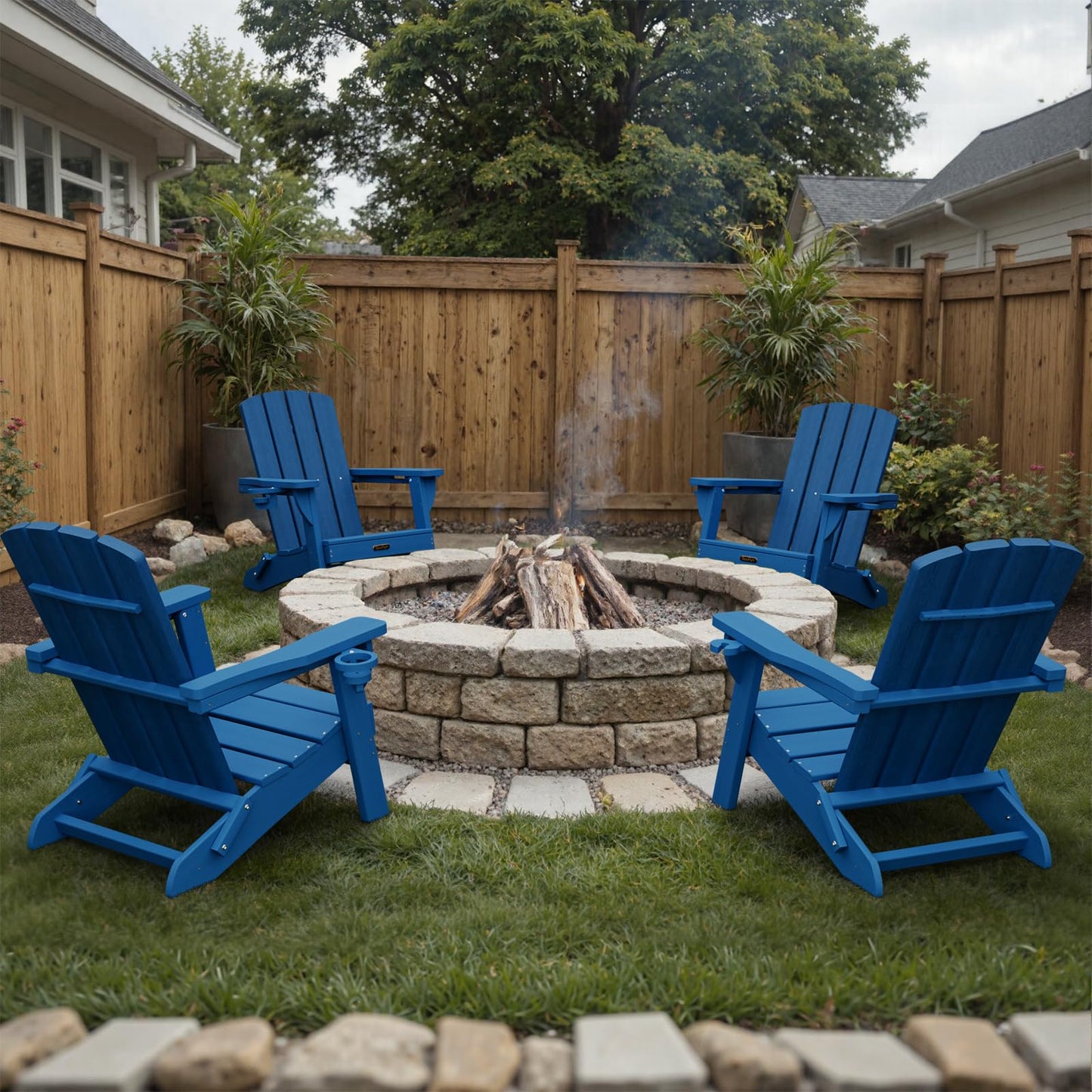 Folding Adirondack Chair, HDPE Adirondack Chairs with 2 Cup Holder, Plastic All-Weather Fire Pit Chairs, Outdoor Lawn Chair for Patio Garden (Grey)