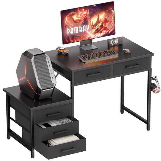 Pamray 47 inch Computer Desk with 5 Drawers and Printer Space for Office | Ample Storage, Space-saving, Easy Assembly, Sturdy, Suitable for Home Office, Study and Writing, Bedroom and Dorms