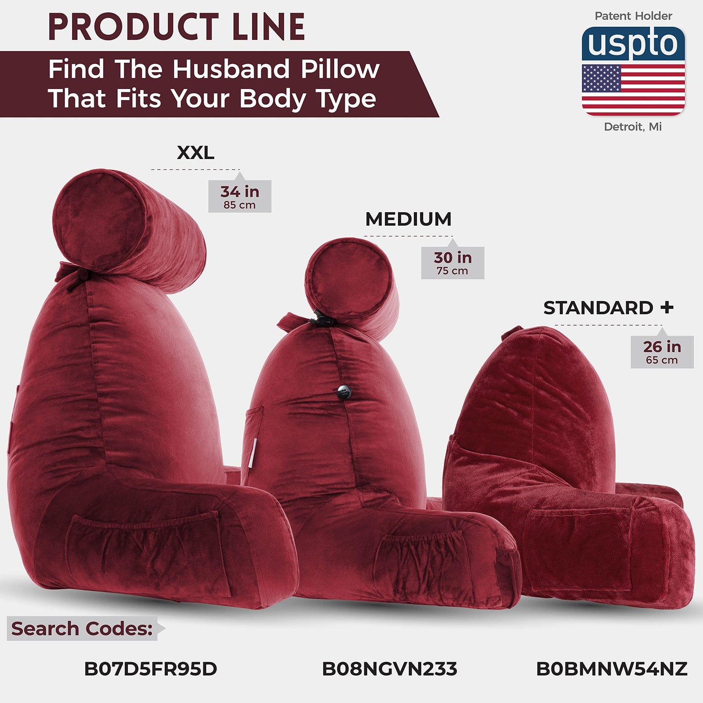 Husband Pillow XXL The Original for Adults - 30" Tall Backrest for Sitting Up in Bed - Firm Support Reading & Bed Rest Pillows for Adults, Neck Roll, Removable Cover - TV - Dark Grey