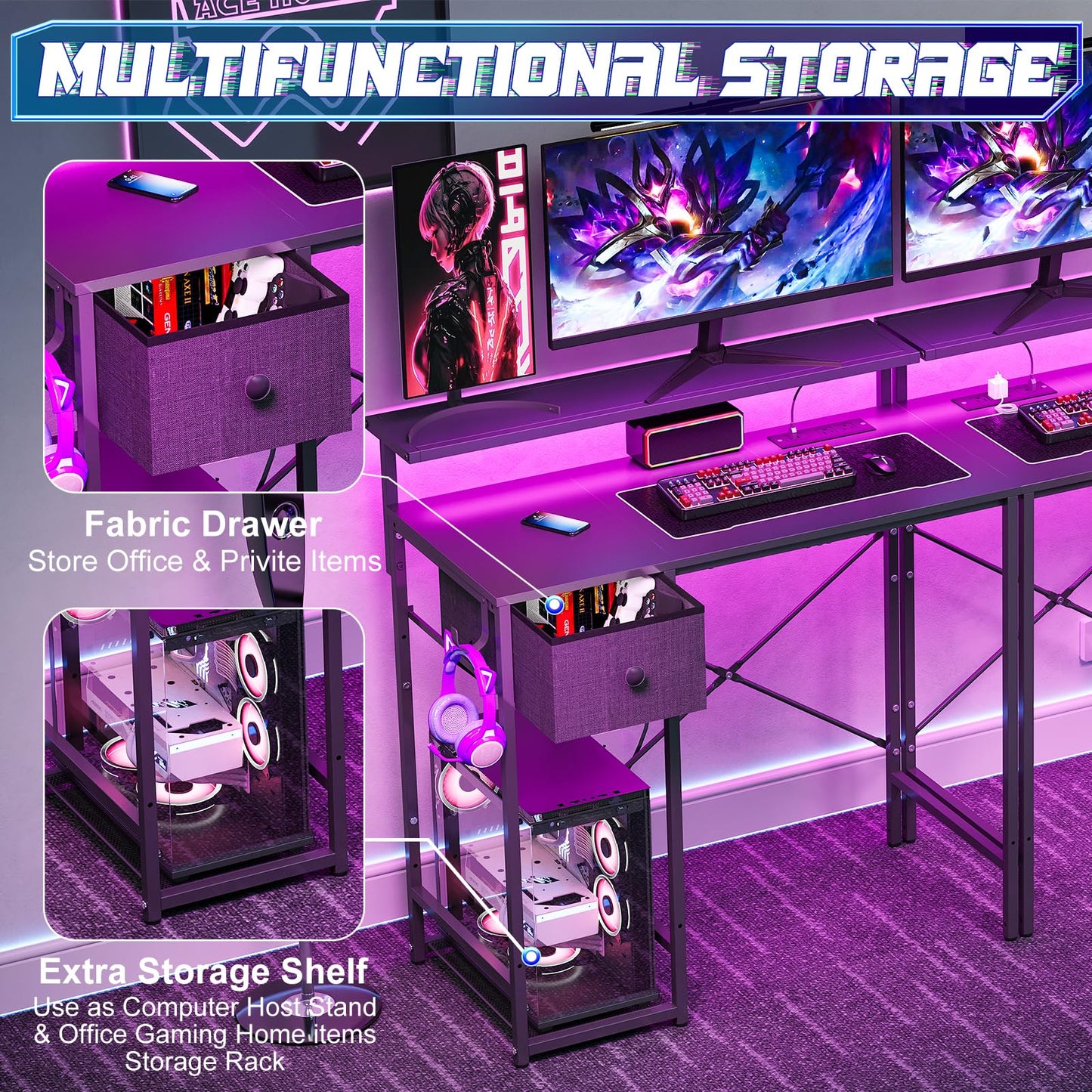 X-cosrack 33.5" Small Gaming Desk with LED Lights & Power Outlets, Compact Computer Desk with Monitor Stand & CPU Stand, Gamer Table with Storage Drawer, Side Hooks for Home Office, Bedroom, Black
