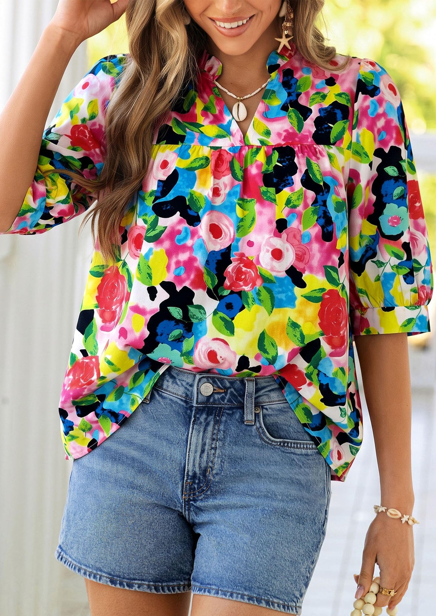 PRETTYGARDEN Women's 2026 Summer Floral Blouses Dressy Casual Half Sleeve V Neck Going Out Boho Tops Spring Fashion Clothing