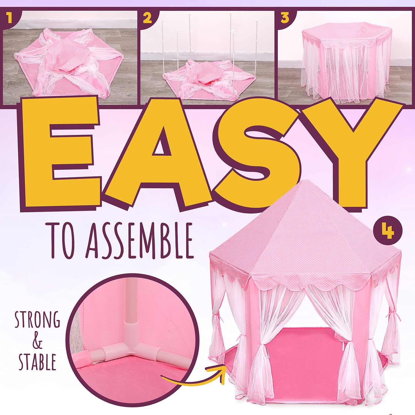 Orian Princess Tent for Kids, Toddler & Kids Pink Play Tent Indoor & Outdoor Princess Castle Fort for Girls and Toddlers Ages 2-7, 55”x53”, LED Star Lights, Children’s Toys and Gifts for Girls