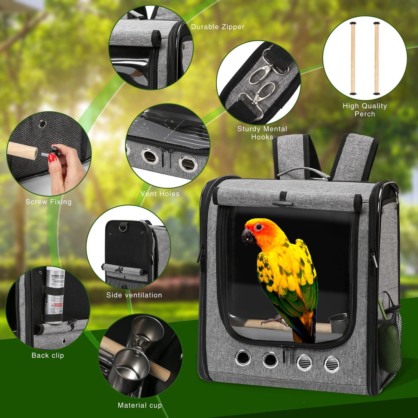 Bird Carrier Bag with Stand, Lightweight Backpack for Parrot, Portable Cockatiel Travel Cage with Accessories, Pet Transparent Breathable Carrier, Gray