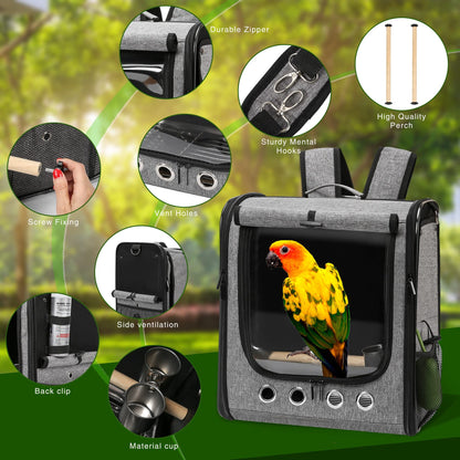 Bird Carrier Bag with Stand, Lightweight Backpack for Parrot, Portable Cockatiel Travel Cage with Accessories, Pet Transparent Breathable Carrier, Gray