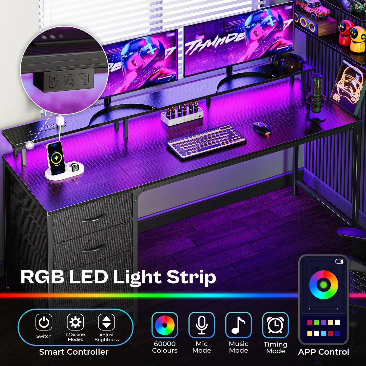 Huuger 47 Inch Computer Desk with Power Outlets and LED Lights, Gaming Desk with 4 Drawers, Office Desk with Monitor Stand, Study Work Home Office, Small Spaces, Black