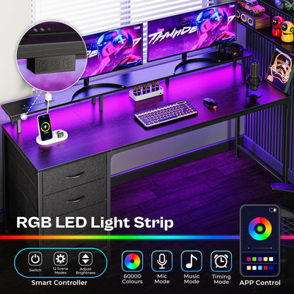 Huuger 47 Inch Computer Desk with Power Outlets and LED Lights, Gaming Desk with 4 Drawers, Office Desk with Monitor Stand, Study Work Home Office, Small Spaces, Black