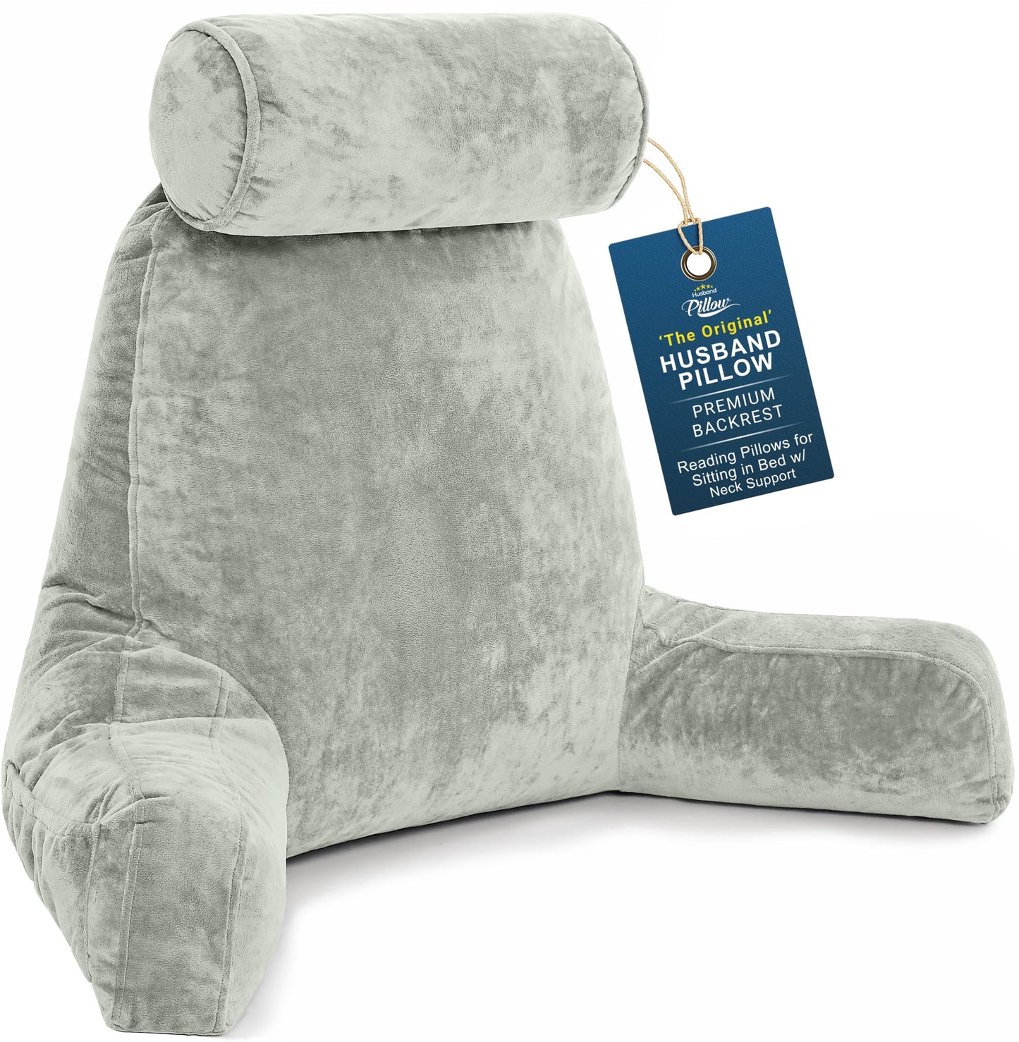 Husband Pillow XXL The Original for Adults - 30" Tall Backrest for Sitting Up in Bed - Firm Support Reading & Bed Rest Pillows for Adults, Neck Roll, Removable Cover - TV - Dark Grey