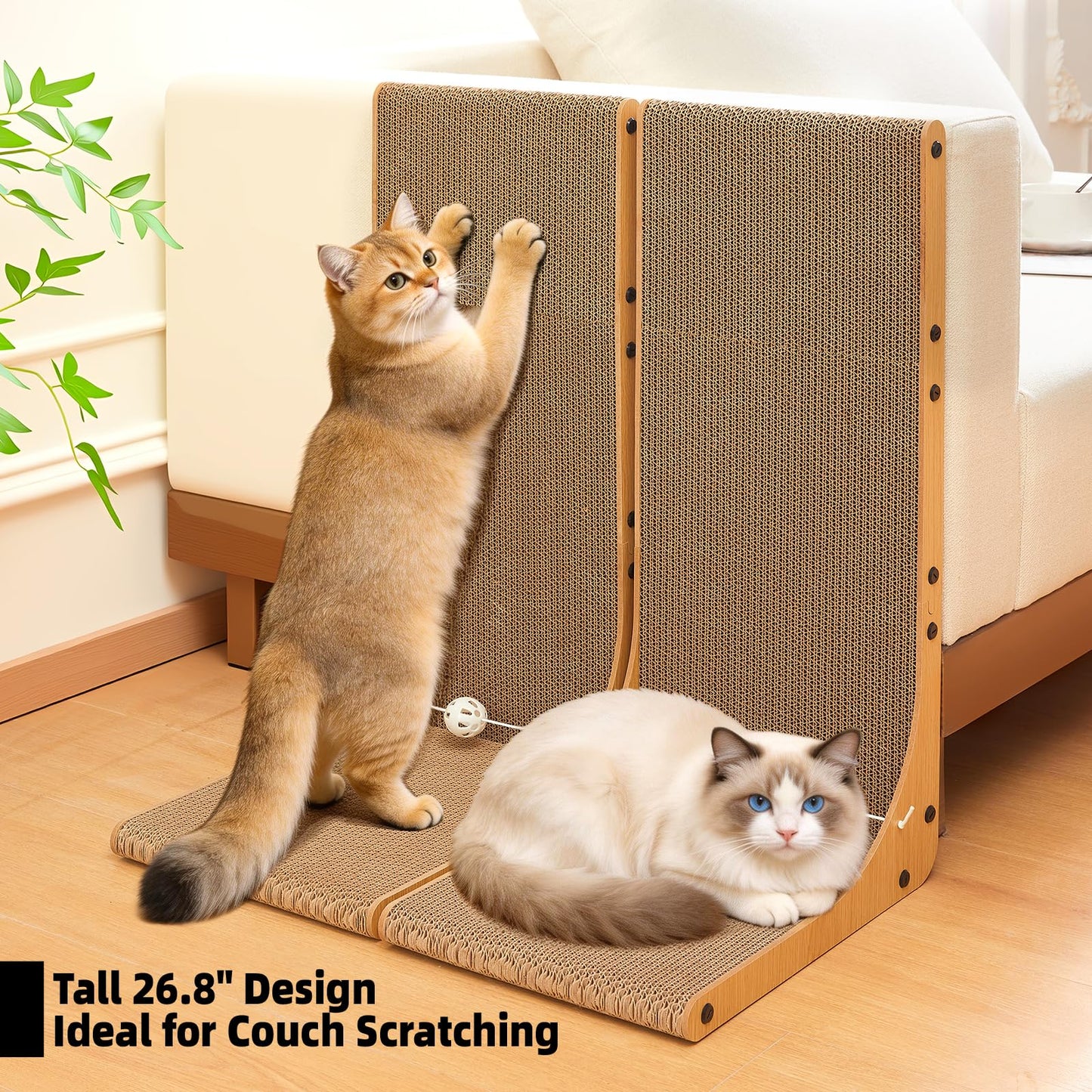 Value 2-Pack 23.6 Inch L-Shaped Cardboard Cat Scratcher, Dual Use (Vert/Horiz) Scratch Pad with Toy Balls, Wall-Mountable Furniture Protector Cat Scratchers for Indoor Cats