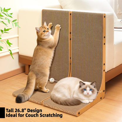 Value 2-Pack 23.6 Inch L-Shaped Cardboard Cat Scratcher, Dual Use (Vert/Horiz) Scratch Pad with Toy Balls, Wall-Mountable Furniture Protector Cat Scratchers for Indoor Cats
