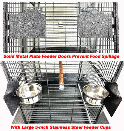 Large Elegant and Durable Wrought Iron Play Ground Perch Stand Top Climbing Ladder Bird Parrot Rolling Metal Cage with Around Seed Guard Storage Shelf On Heavy Duty Lockable Rolling Wheels