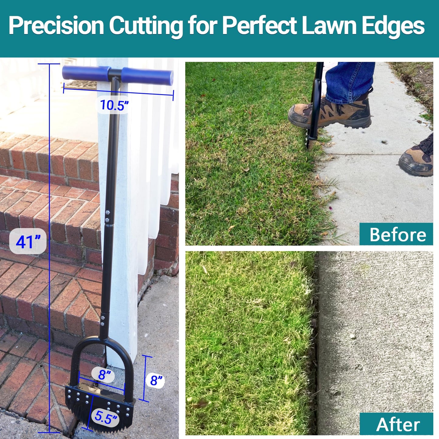 Edger Lawn Tool 41in Border Edger with Tempered Spring Steel Blade Long Rubber Handle Wide Footplate Rustproof Manganese Steel Half Moon Edger for Garden Maintenance