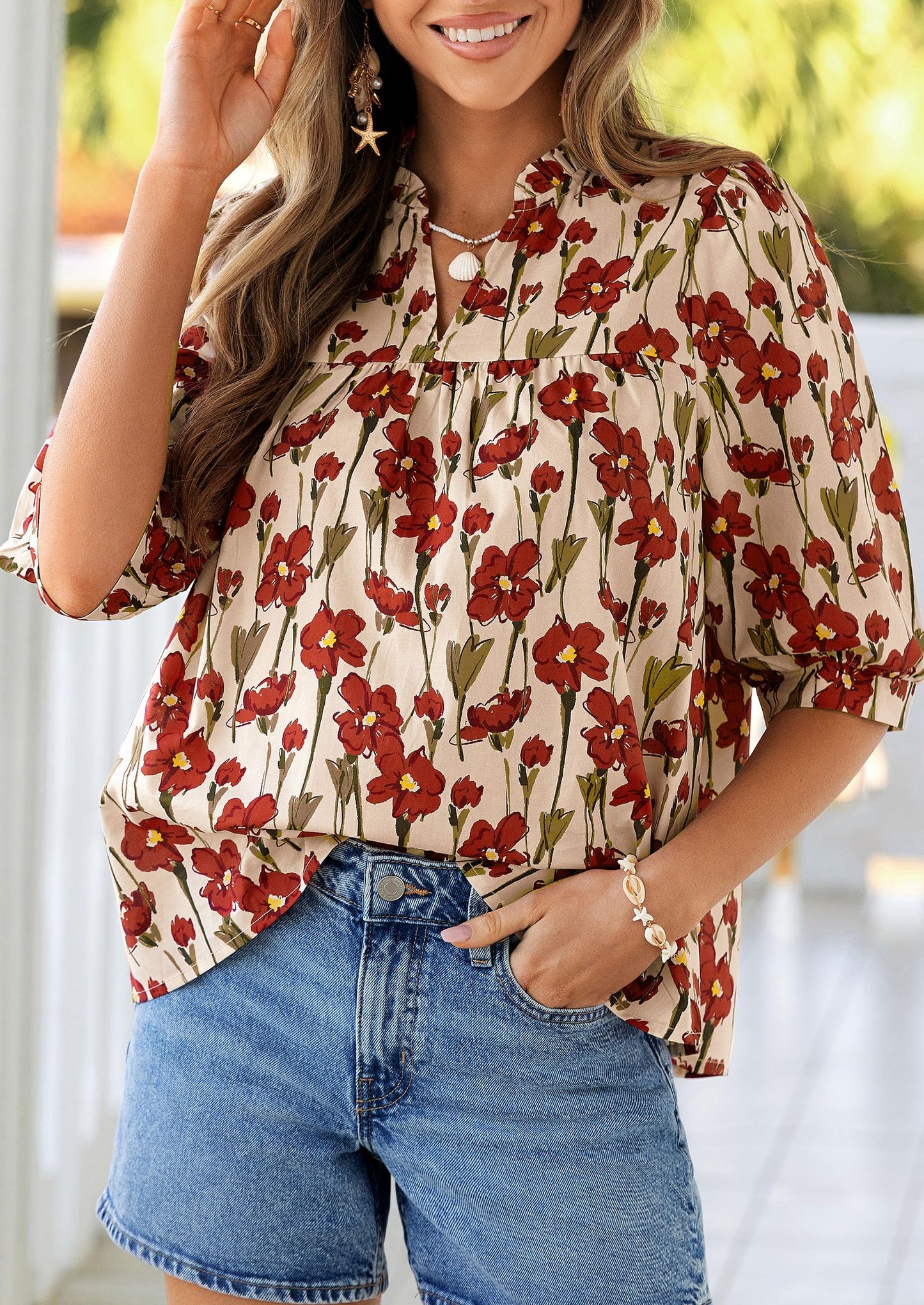 PRETTYGARDEN Women's 2026 Summer Floral Blouses Dressy Casual Half Sleeve V Neck Going Out Boho Tops Spring Fashion Clothing