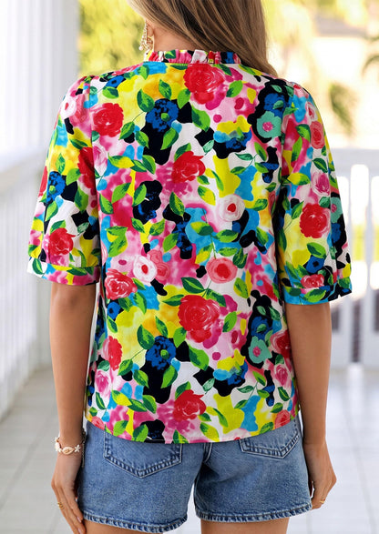 PRETTYGARDEN Women's 2026 Summer Floral Blouses Dressy Casual Half Sleeve V Neck Going Out Boho Tops Spring Fashion Clothing