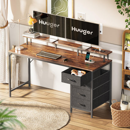 Huuger 47 Inch Computer Desk with Power Outlets and LED Lights, Gaming Desk with 4 Drawers, Office Desk with Monitor Stand, Study Work Home Office, Small Spaces, Black